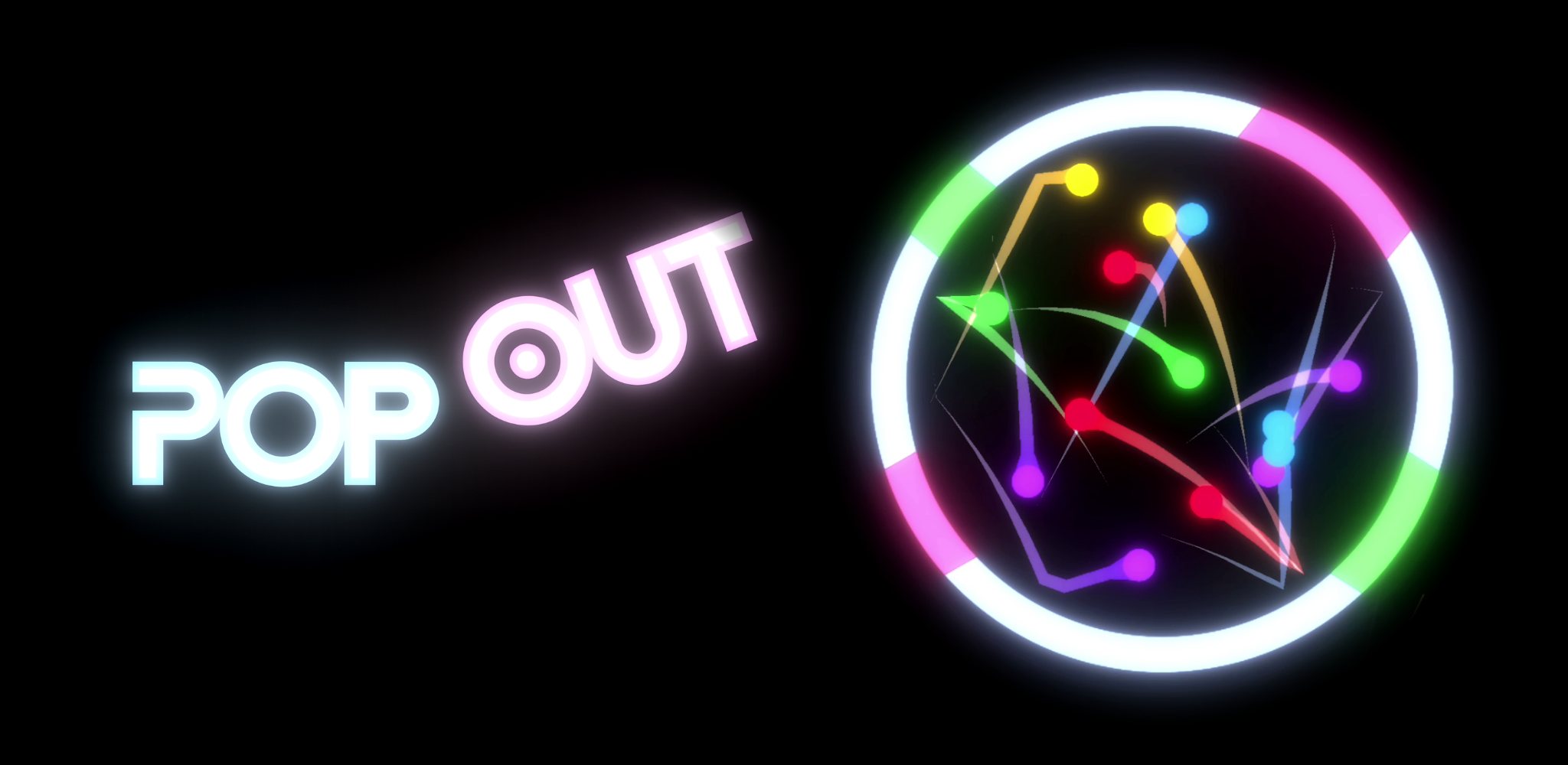 Pop Out logo next to a neon ring full of bouncing balls