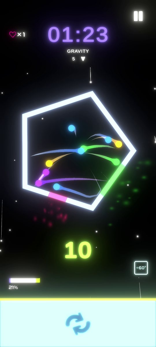 A pentagon with coloured balls bouncing inside and 1:23 left on the timer