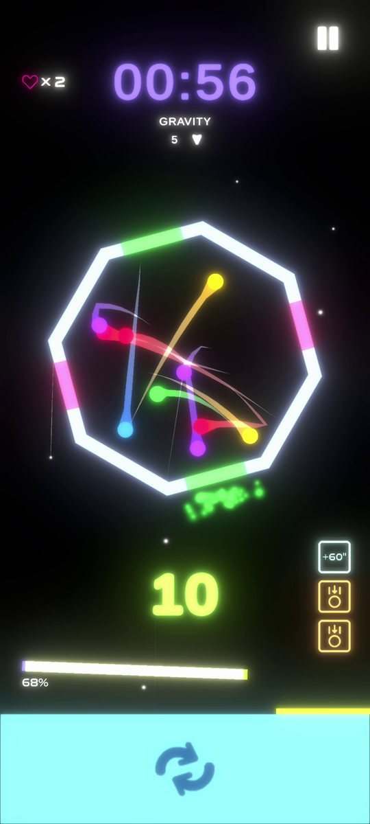 A polygon with pink and green exits while balls leave trails across it