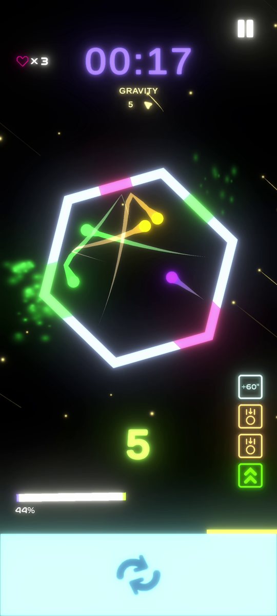 A tilted polygon with a column of collected power-ups on the right