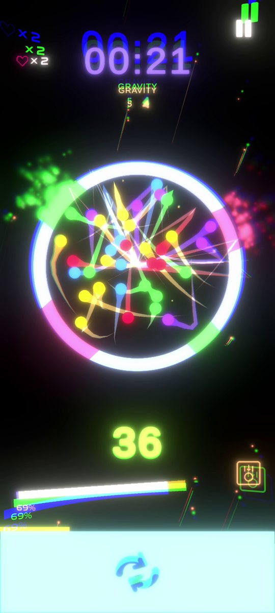 A ring packed with dozens of balls late in a level